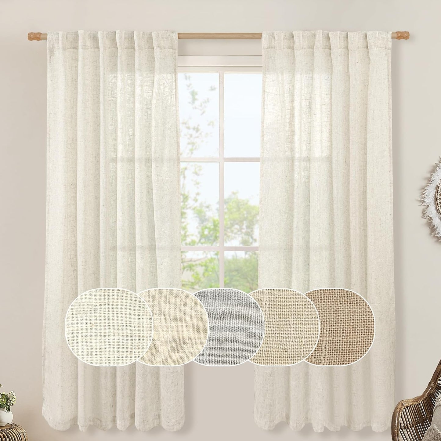 LAMIT Natural Linen Blended Curtains for Living Room, Back Tab and Rod Pocket Semi Sheer Curtains Light Filtering Country Rustic Drapes for Bedroom/Farmhouse, 2 Panels,52 X 108 Inch, Linen  LAMIT Natural 52W X 72L 