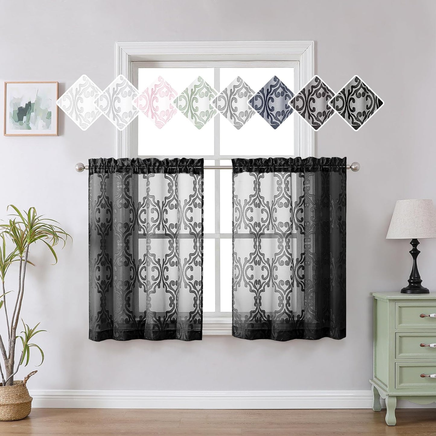 Aiyufeng Suri 2 Panels Sheer Sage Green Curtains 63 Inches Long, Light & Airy Privacy Textured Sheer Drapes, Dual Rod Pocket Voile Clipped Floral Luxury Panels for Bedroom Living Room, 42 X 63 Inch  Aiyufeng Black 2X42X36" 