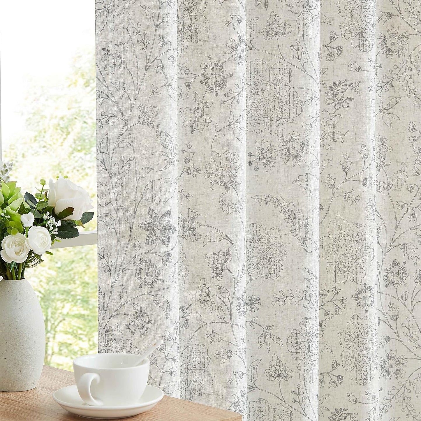 Vision Home Blue Floral Linen Curtains 84 Inch Farmhouse Botanical Print Light Filtering Window Curtains for Living Room Bedroom Rod Pocket Back Tab Navy Beige Semi Sheer Drapes 2 Panels 54" Wx84 L  Vision Home Grey 54"X63"X2 