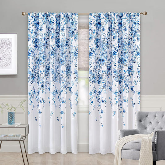 Driftaway Aubree Weeping Flower Print Thermal Room Darkening Privacy Window Curtain for Bedroom Living Room Rod Pocket 2 Panels 52 Inch by 84 Inch Blue  DriftAway Blue 52”X84” 