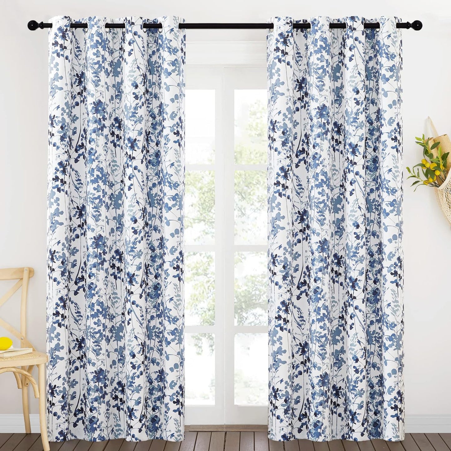 KGORGE Blackout Curtains & Drapes Boho Home/Office Artistic Decor with Vivid Watercolor Floral Painting Thermal Insulated Energy Efficient Shades for Bedroom Living Room (Blue, W 52" X L 84", 1 Pair)  KGORGE   