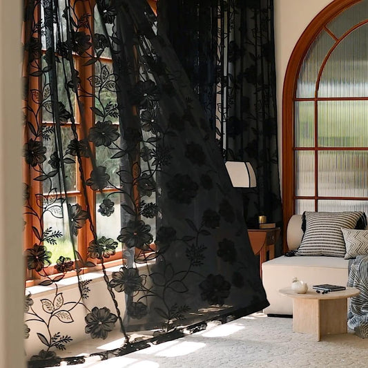 Treatmentex Black Sheer Lace Curtains for Bedroom Living Room Studio 84Inch Long Vintage Rose Floral Embroidered Semi Sheer Curtain Panels Privacy Leaf Sheer Drapes with Scalloped Edge 54" W 2Pcs 7Ft  Treatmentex Floral - Black 52"W X 63"L 2Pcs 