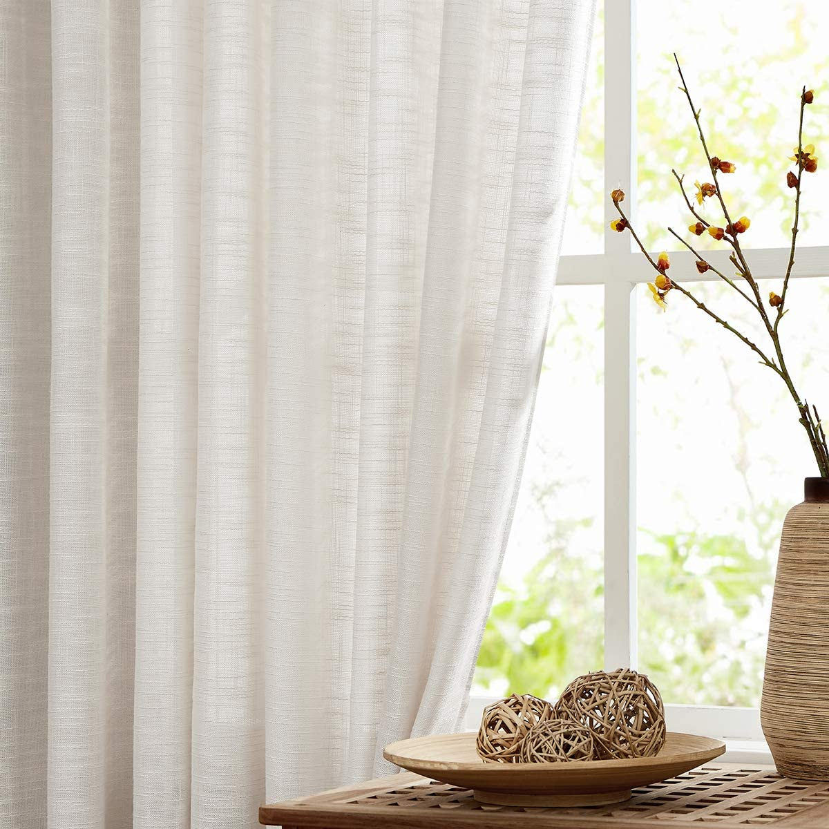 FMFUNCTEX Grey Semi-Sheer Curtains for Living Room Rich Linen Textured Rod Pocket Window Curtain Draperies for Guest Room Not See through 52”W X63”L Set of 2  Fmfunctex Natural (Linen Look) 52" X 96" 2Pcs 