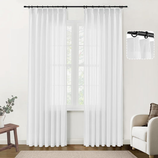 SHINELAND White Linen Curtains 84 Inches Long for Bedroom 2 Panels Set,Sheer Boho Pinch Pleated with Hooks Back Tab Window Sheers Draperies 84 Length for Dining Room Living Room Office at Home  SHINELAND White 2X(40"Wx120"L) 