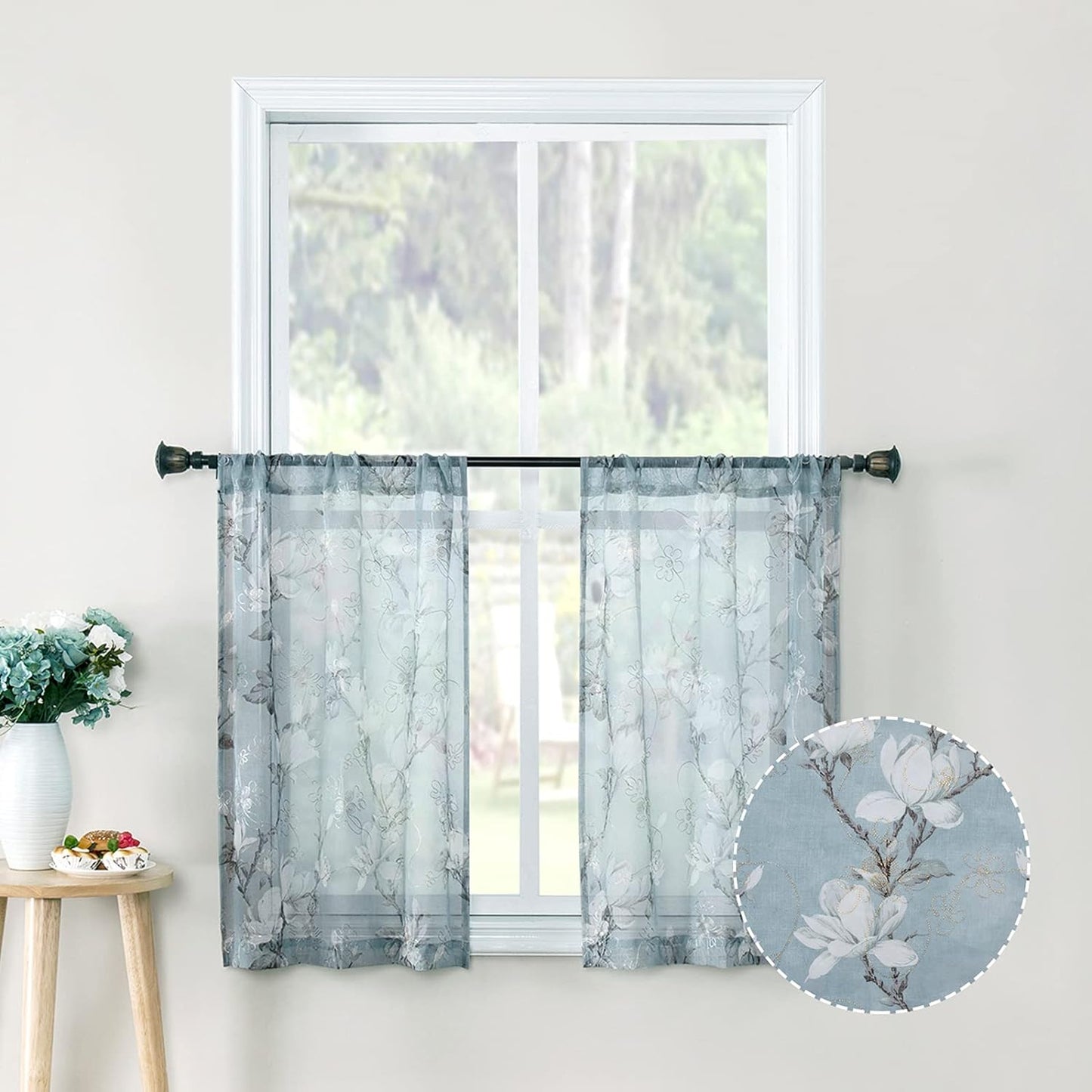 Tollpiz Floral White Sheer Curtain Flower Print Vine Embroidery Bedroom Curtains Rod Pocket Voile Window Curtain for Living Room, 54 X 84 Inches Long, Set of 2 Panels  Tollpiz Tex Blue 30"W X 24"L 