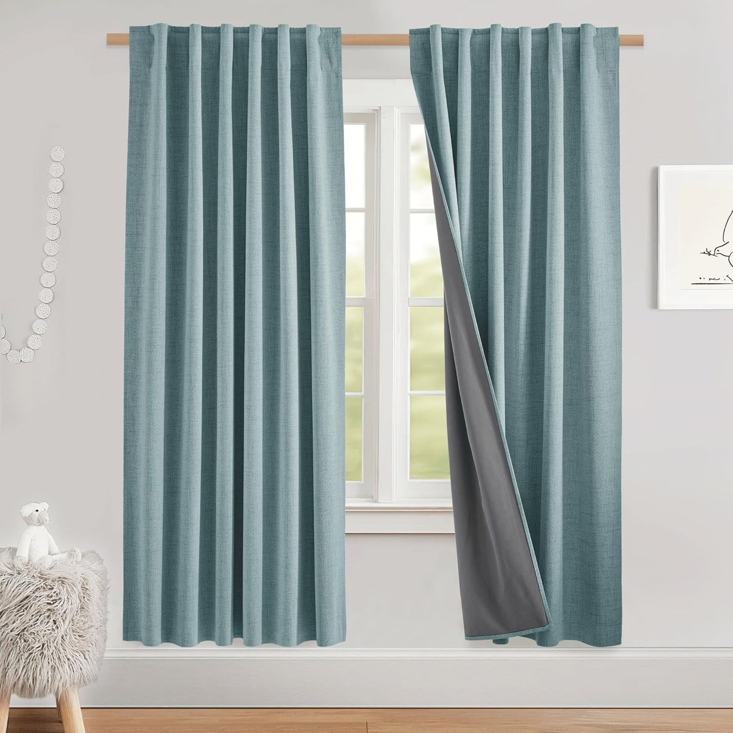 NICETOWN 100% Blackout Linen Curtains for Living Room with Thermal Insulated White Liner, Ivory, 52" Wide, 2 Panels, 84" Long Drapes, Back Tab Retro Linen Curtains Vertical Drapes Privacy for Bedroom  NICETOWN Skylark Blue W52 X L72 
