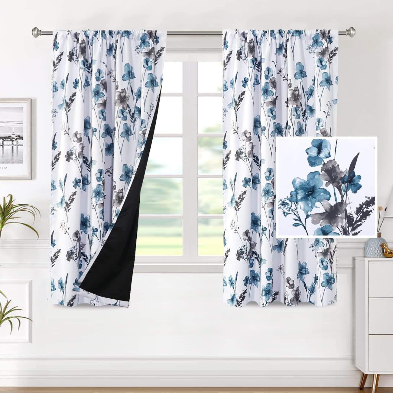 H.VERSAILTEX 100% Blackout Curtains for Bedroom Cattleya Floral Printed Drapes 84 Inches Long Leah Floral Pattern Full Light Blocking Drapes with Black Liner Rod Pocket 2 Panels, Navy/Taupe  H.VERSAILTEX Grey/Blue 52"W X 63"L 