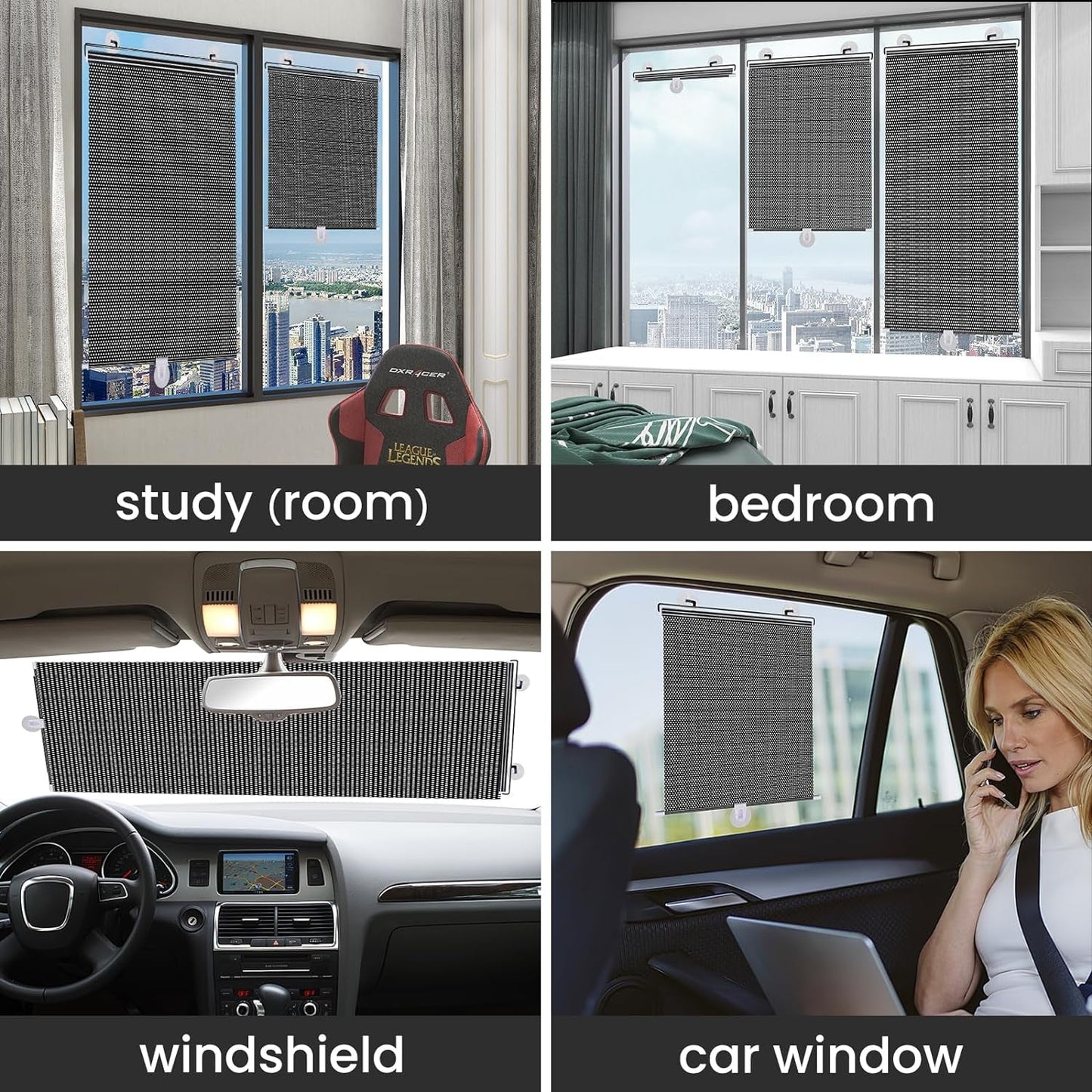 No Drilling Retractable Roller Window Shades W/3 Suction Cups, Black Blackout Blind Shade Temporary Cover Curtain for Home Bedroom Car 2Pcs (49.21" L× 19.68" W, Black Dot)