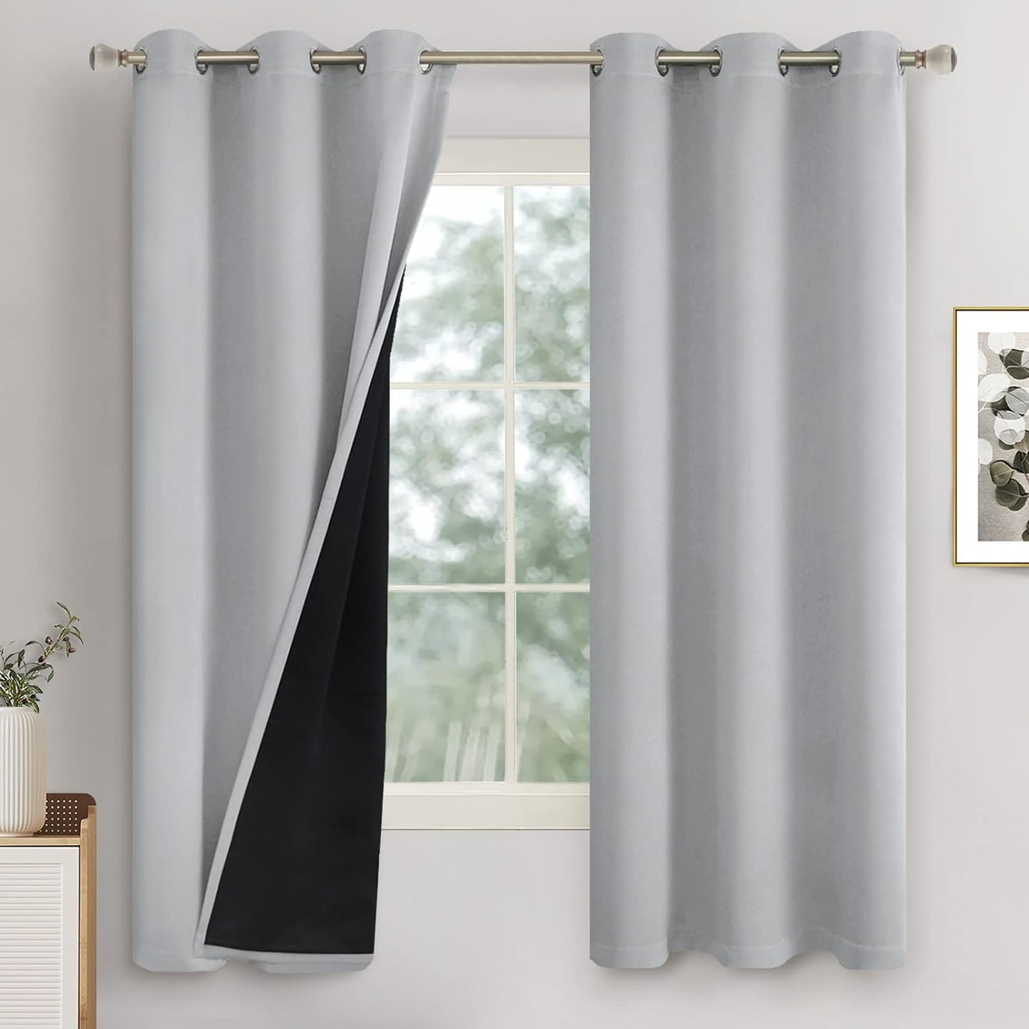 QUEMAS Short Blackout Curtains 54 Inch Length 2 Panels, 100% Light Blocking Thermal Insulated Soundproof Grommet Small Window Curtains for Bedroom Basement with Black Liner, Each 42 Inch Wide, White  QUEMAS Light Grey + Black Lining W42 X L63 