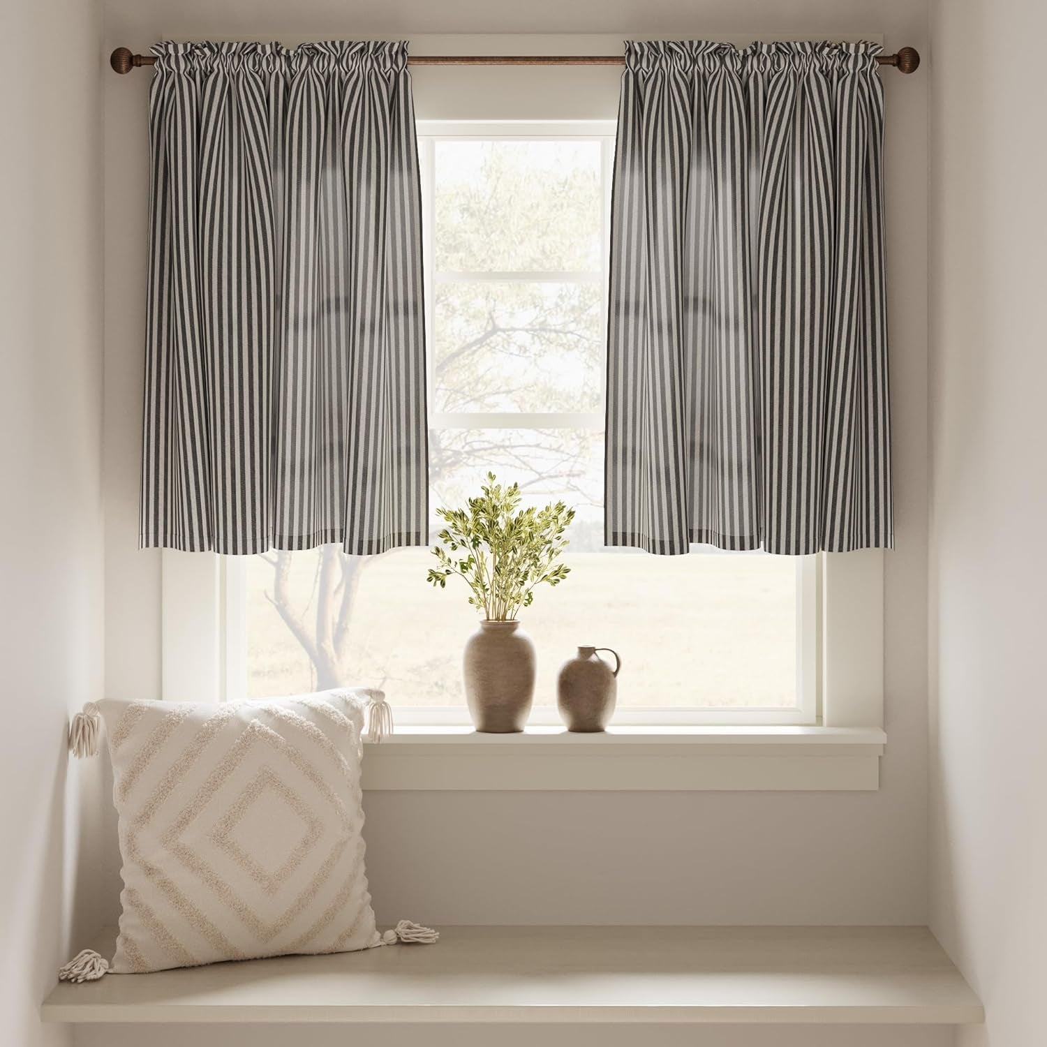 Jinchan Kitchen Curtains Striped Tier Curtains Ticking Stripe Linen Curtains Pinstripe Cafe Curtains 24 Inch Length for Living Room Bathroom Farmhouse Curtains Rod Pocket 2 Panels Black on Beige  CKNY HOME FASHION   
