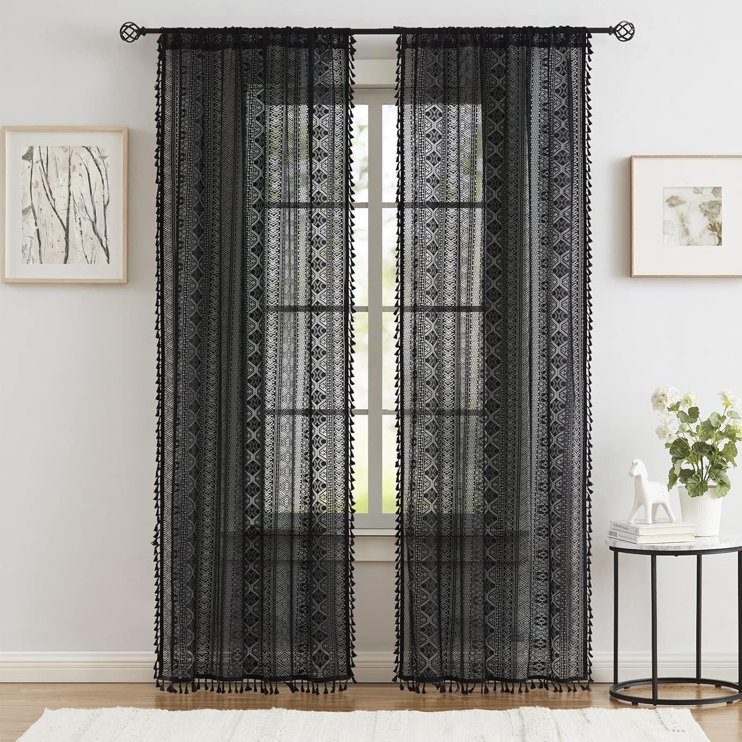 Black Boho Linen Textured Tassel Sheer Lace Curtains, Chic Crochet Geometry Knitting Rod Pocket Window Drapes for Living Room Bedroom, 2 Panels,84" L X 40" W  Ronaldecor   