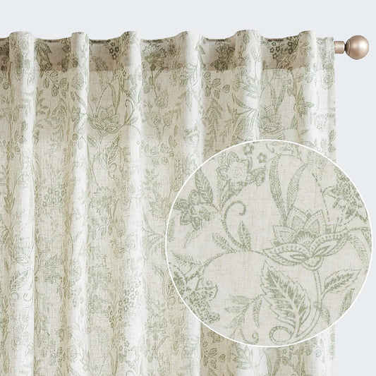 Lazzzy Linen Curtains Farmhouse Green Floral Print Curtains 84 Inches Long Back Tab Drapes for Living Room Bedroom Semi Sheer Patterned Country Vintage Curtains 2 Panels Set Rod Pocket Green on Beige  TOPICK Green On Flax 50"W X 84"L 