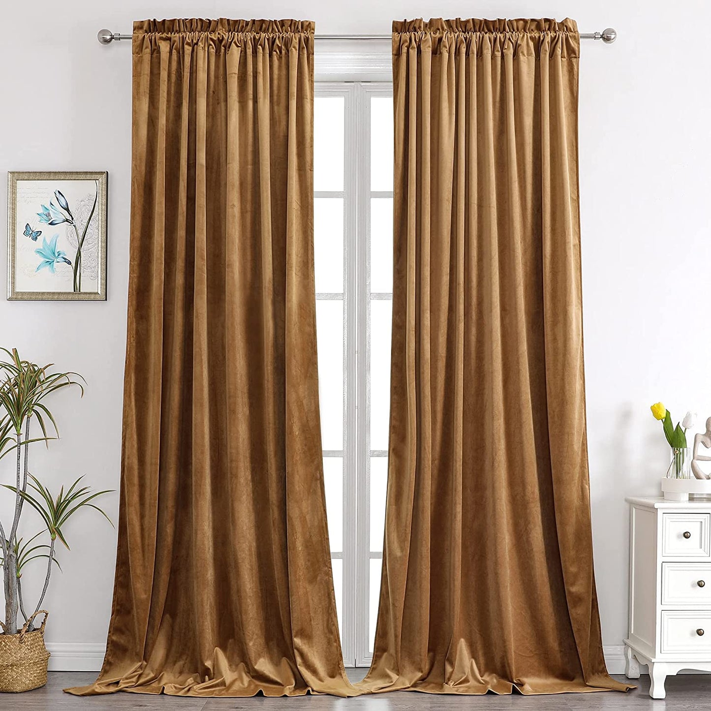 Benedeco Green Velvet Curtains for Bedroom Window, Super Soft Luxury Drapes, Room Darkening Thermal Insulated Rod Pocket Curtain for Living Room, W52 by L84 Inches, 2 Panels  Benedeco Camel W52 * L63 | 2 Panels 
