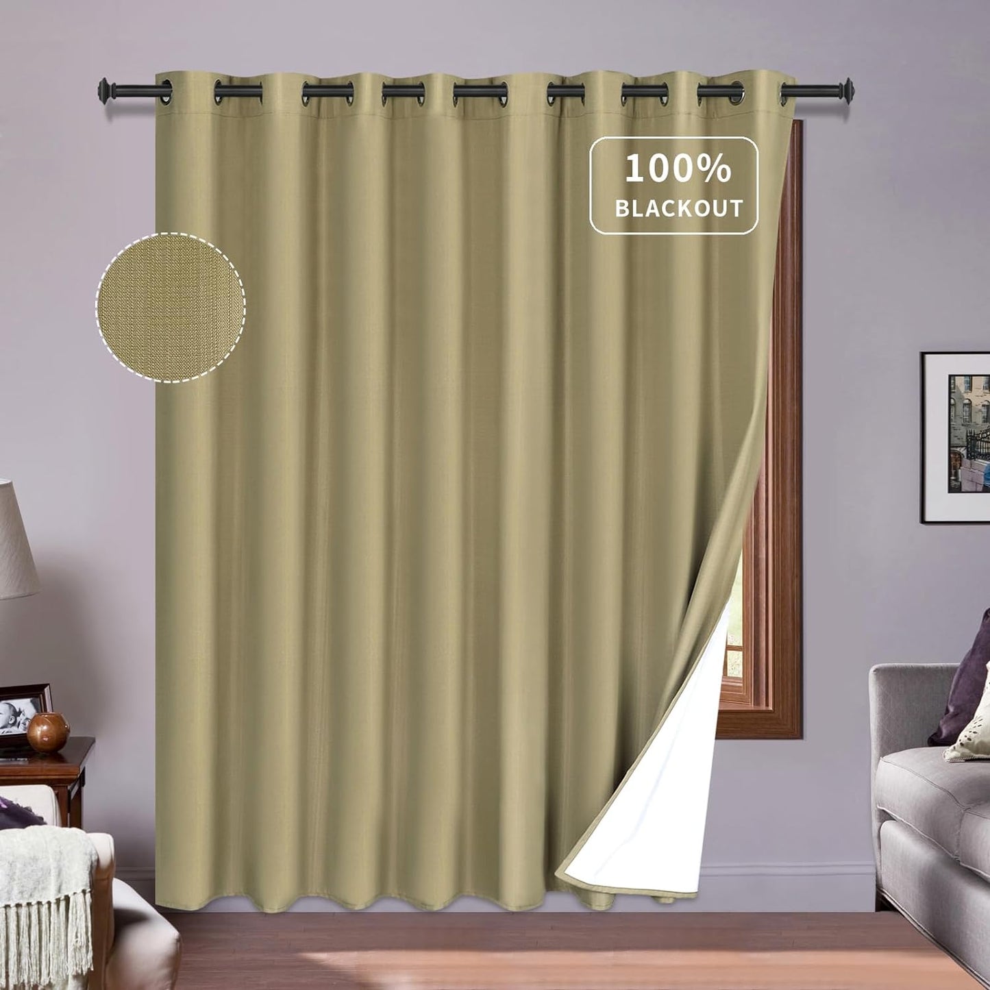 Purefit White Linen Blackout Curtains 84 Inches Long 100% Room Darkening Thermal Insulated Window Curtain Drapes for Bedroom Living Room Nursery with Anti-Rust Grommets & Energy Saving Liner, 2 Panels  PureFit Khaki 100"W X 84"L 