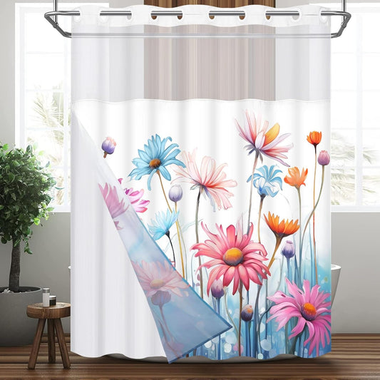 Likiyol Floral No Hook Shower Curtain with Snap in Liner, Colorful Flower Hotel Shower Curtain and Liner Set, See through Shower Curtain with Window, Double Layer, Waterproof, Washable, 71" X 74"