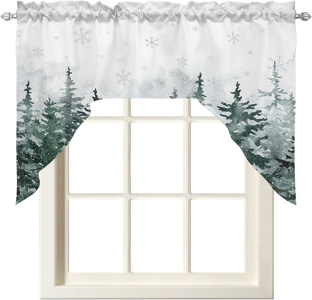 Christmas, Swag Valance Kitchen Curtains, Rod Pocket Valance Curtain Panels for Bedroom Living Room Bathroom Cafe Windows, Forest Winter Pine Tree Snowflake Green 56''X36''