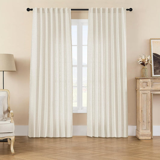 Joydeco Linen Curtains for Living Room,Light Filtering Rod Pocket Back Tab Semi Sheer Drapes Window Long Curtains 90 Inches Long Ivory  Joydeco   