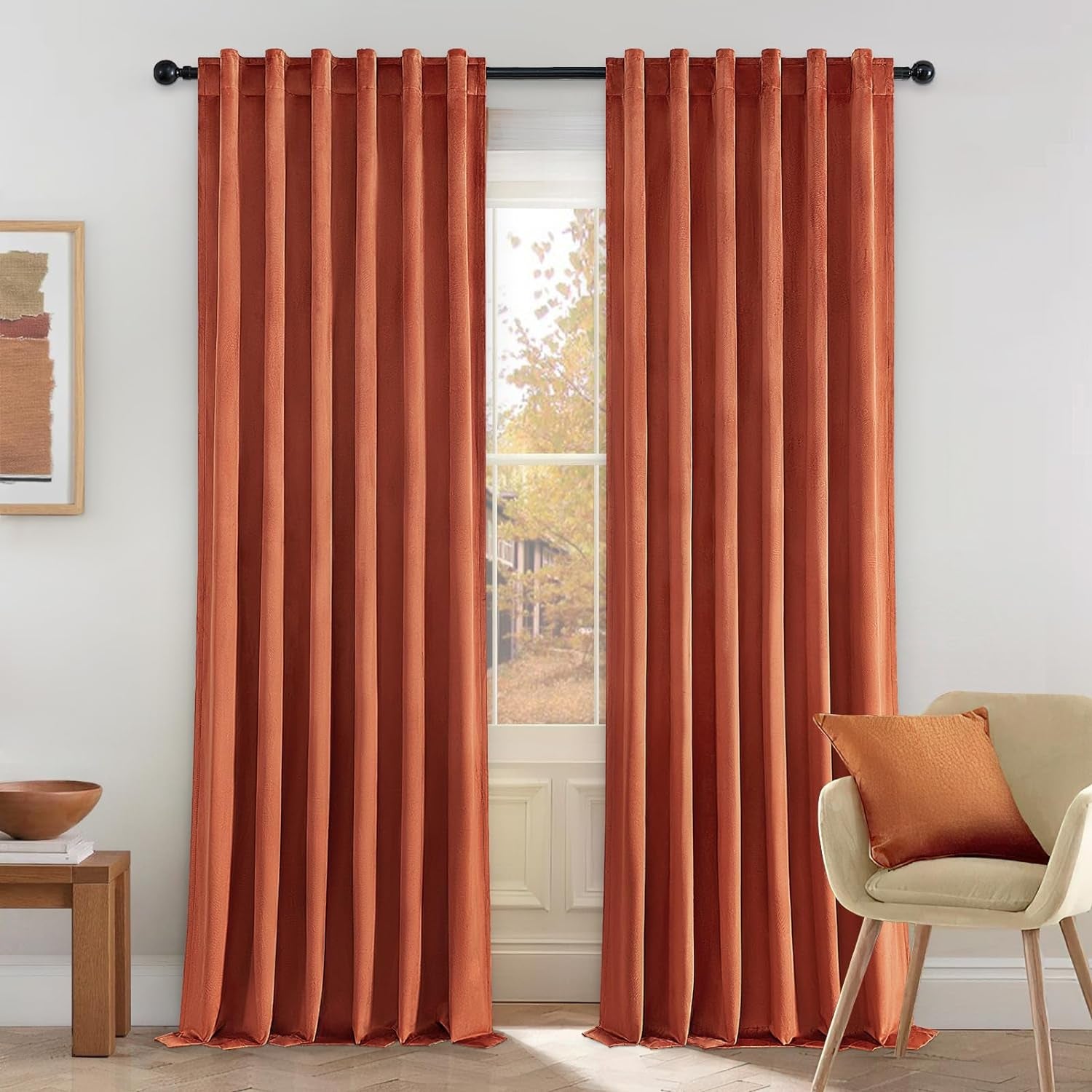 Topfinel Olive Green Velvet Curtains 84 Inches Long for Living Room,Blackout Thermal Insulated Curtains for Bedroom,Back Tab Modern Window Treatment for Living Room,52X84 Inch Length,Olive Green  Top Fine Burnt Orange 52" X 96" 