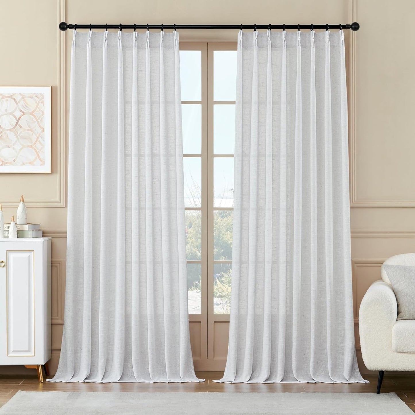 MASWOND White Pinch Pleated Curtains 90 Inches Long 2 Panels for Living Room Semi Sheer Linen Curtains Pinch Pleat Drapes for Traverse Rod Light Filtering Curtains for Dining Bedroom W38Xl90 Length  MASWOND White 50X108 