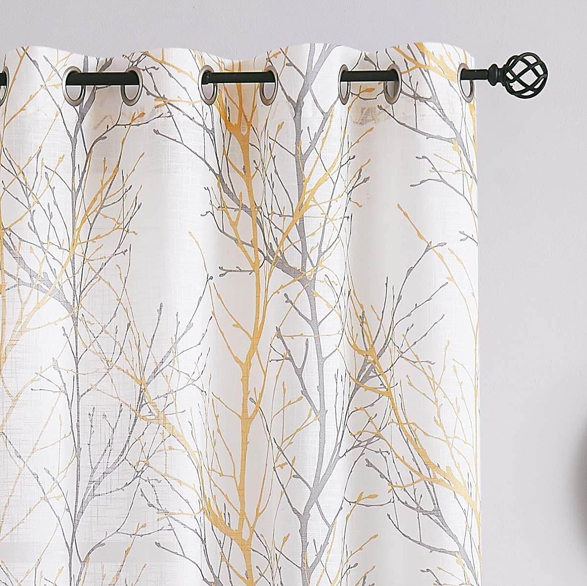 FMFUNCTEX Blue White Curtains for Kitchen Living Room 72“ Grey Tree Branches Print Curtain Set for Small Windows Linen Textured Semi-Sheer Drapes for Bedroom Grommet Top, 2 Panels  Fmfunctex Yellow 50" X 54" |2Pcs 