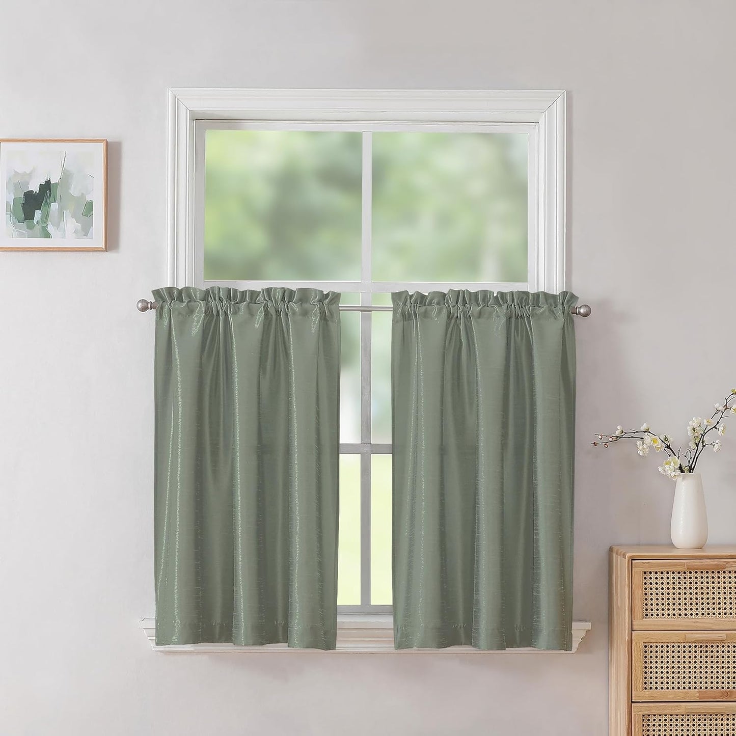 Chyhomenyc Uptown Sage Green Kitchen Curtains 45 Inch Length 2 Panels, Room Darkening Faux Silk Chic Fabric Short Window Curtains for Bedroom Living Room, Each 30Wx45L  Chyhomenyc Sage Green 2X40"Wx36"L 