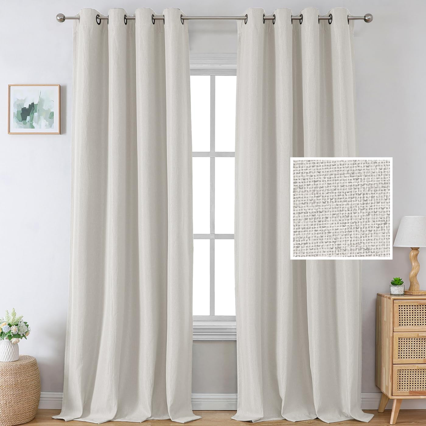 H.VERSAILTEX Linen Blackout Curtains 84 Inches Long Thermal Insulated Room Darkening Linen Curtains for Bedroom Textured Burlap Grommet Window Curtains for Living Room, Bluestone and Taupe, 2 Panels  H.VERSAILTEX Natural 52"W X 96"L 