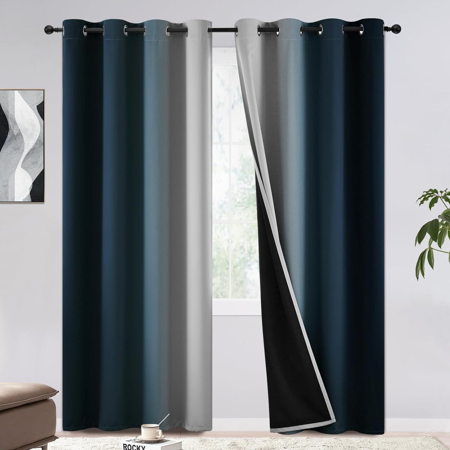COSVIYA 100% Blackout Curtains & Drapes Ombre Purple Curtains 63 Inch Length 2 Panels,Full Room Darkening Grommet Gradient Insulated Thermal Window Curtains for Bedroom/Living Room,52X63 Inches  COSVIYA Blackout Navy To Grayish White 52W X 84L 