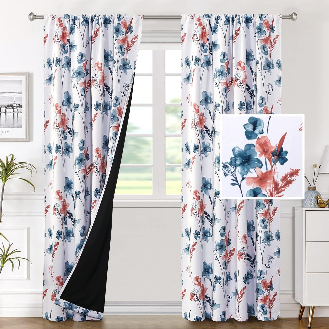 H.VERSAILTEX 100% Blackout Curtains for Bedroom Cattleya Floral Printed Drapes 84 Inches Long Leah Floral Pattern Full Light Blocking Drapes with Black Liner Rod Pocket 2 Panels, Navy/Taupe  H.VERSAILTEX Stone Blue/Coral 52"W X 84"L 