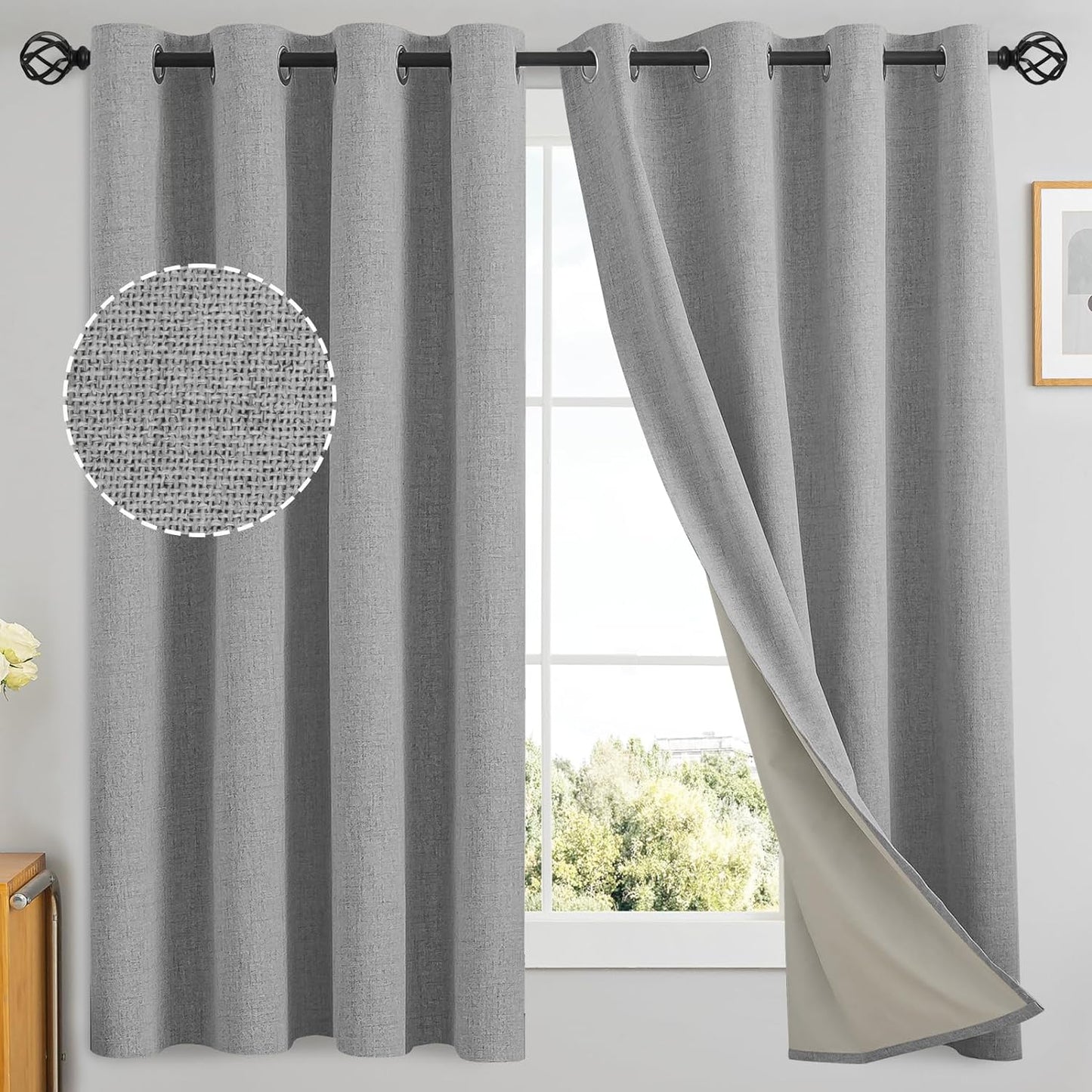 Yakamok Natural Linen Curtains 100% Blackout 84 Inches Long,Room Darkening Textured Curtains for Living Room Thermal Grommet Bedroom Curtains 2 Panels with Greyish White Liner  Yakamok Dove Grey 52W X 63L / 2 Panels 
