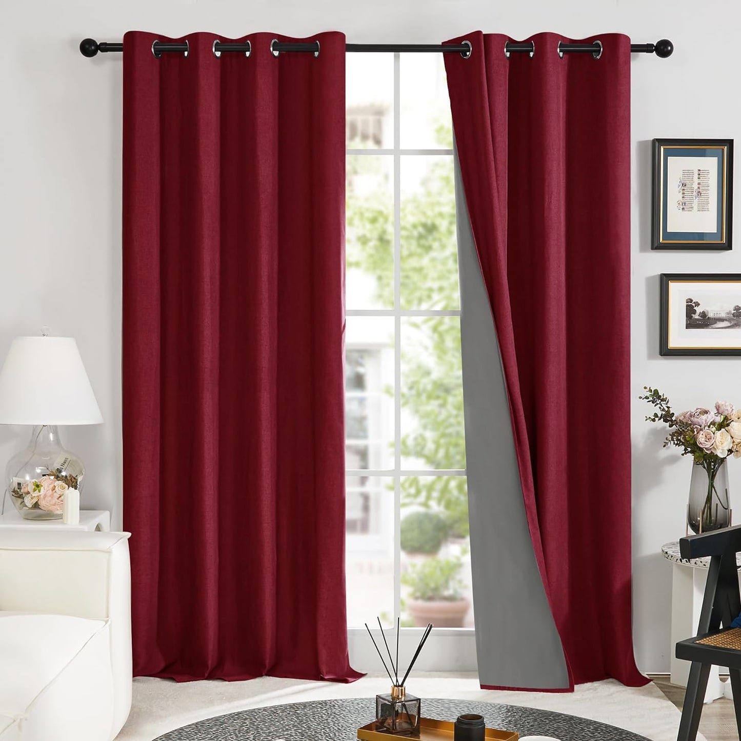 Deconovo Linen Blackout Curtains 84 Inch Length Set of 2, Thermal Curtain Drapes with Grey Coating, Total Light Blocking Waterproof Curtains for Indoor/Outdoor (Light Grey, 52W X 84L Inch)  Deconovo Wine Red 52X84 Inches 