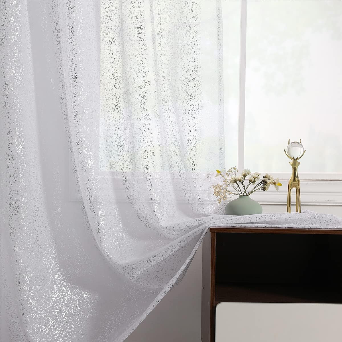 Silver Sheer Curtains 84 Inch Long - Chic Sparkle Curtains for Living Room, Rod Pocket Glitter Sheer Curtains for Windows Privacy Silver Grey Sheer Panels, 52 X 84 Inch, 2 Panels, Silver Gray  TERLYTEX White Silver W52 X L108 Inch|Pair 