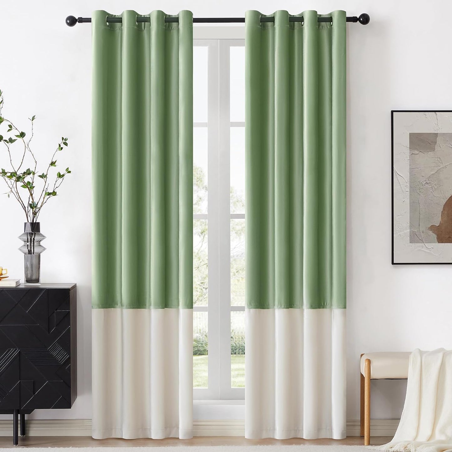 BULBUL Color Block Window Curtains Panels 84 Inches Long Cream Ivory Gold Velvet Farmhouse Drapes for Bedroom Living Room Darkening Treatment with Grommet Set of 2  BULBUL Sage Green  Cream 52"W X 84"L 