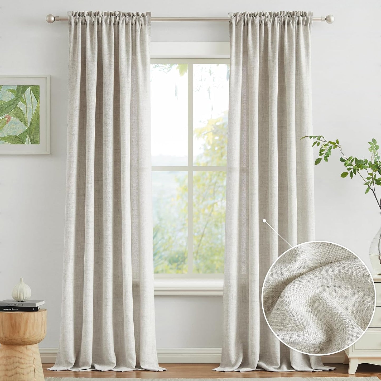 Melodieux Linen Curtains 84 Inches Long for Bedroom - Rod Pocket Burlap Linen Textured Semi Sheer Curtains Light Filtering Privacy Farmhouse Living Room Drapes (Set of 2, 52Inch X 84Inch, Beige)  Melodieux Natural W52" X L108" 