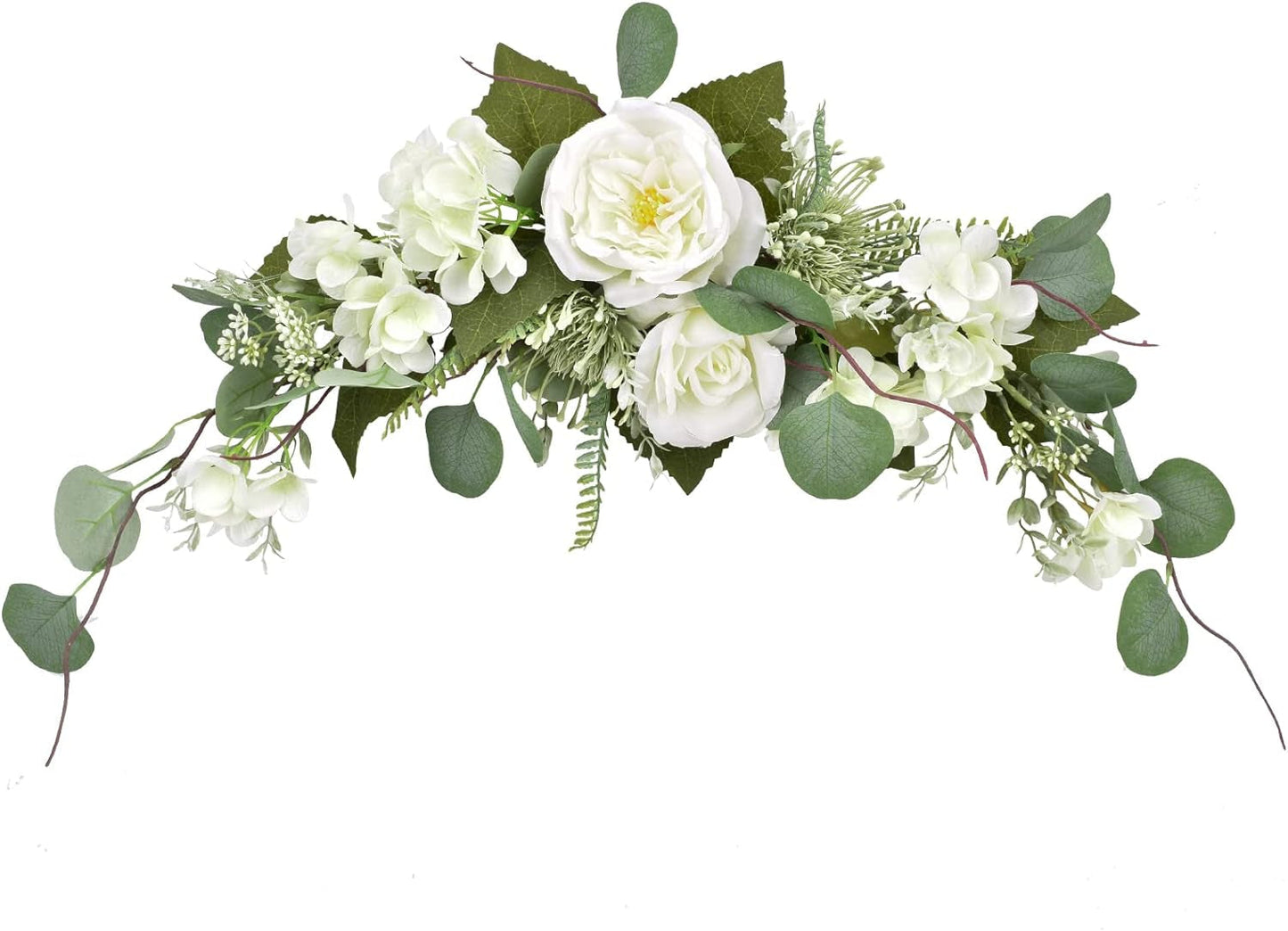 Hydrangea Swag Artificial Flower 28 Inch, White Decorative Swags with Eucalyptus Leaves for Home Room Door Wall Wedding Arch Garden Party Tabletop Decoration