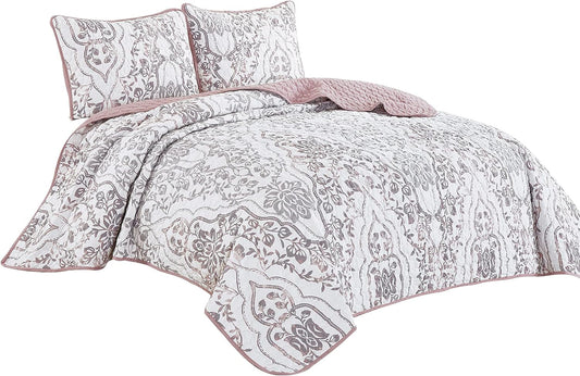 3-Piece Fine Printed Queen Size Quilt Set, All-Season Bedspread, Cheyne Coverlet with Pillow Shams Bed Cover (Coral Pink, Grey, Floral)