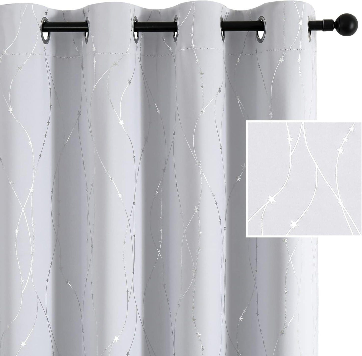 SMILE WEAVER Black Blackout Curtains for Bedroom 72 Inch Long 2 Panels,Room Darkening Curtain with Gold Print Design Noise Reducing Thermal Insulated Window Treatment Drapes for Living Room  SMILE WEAVER Greyish White Silver 52Wx54L 