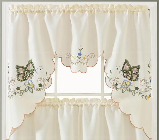 GOHD Dancing Butterfly. 3Pcs Multi-Color Embroidery Cafe Curtain Set/Swag & Tiers Set with Cutworks. Window Treatment Set for Small Windows. (SAGE GREEN)