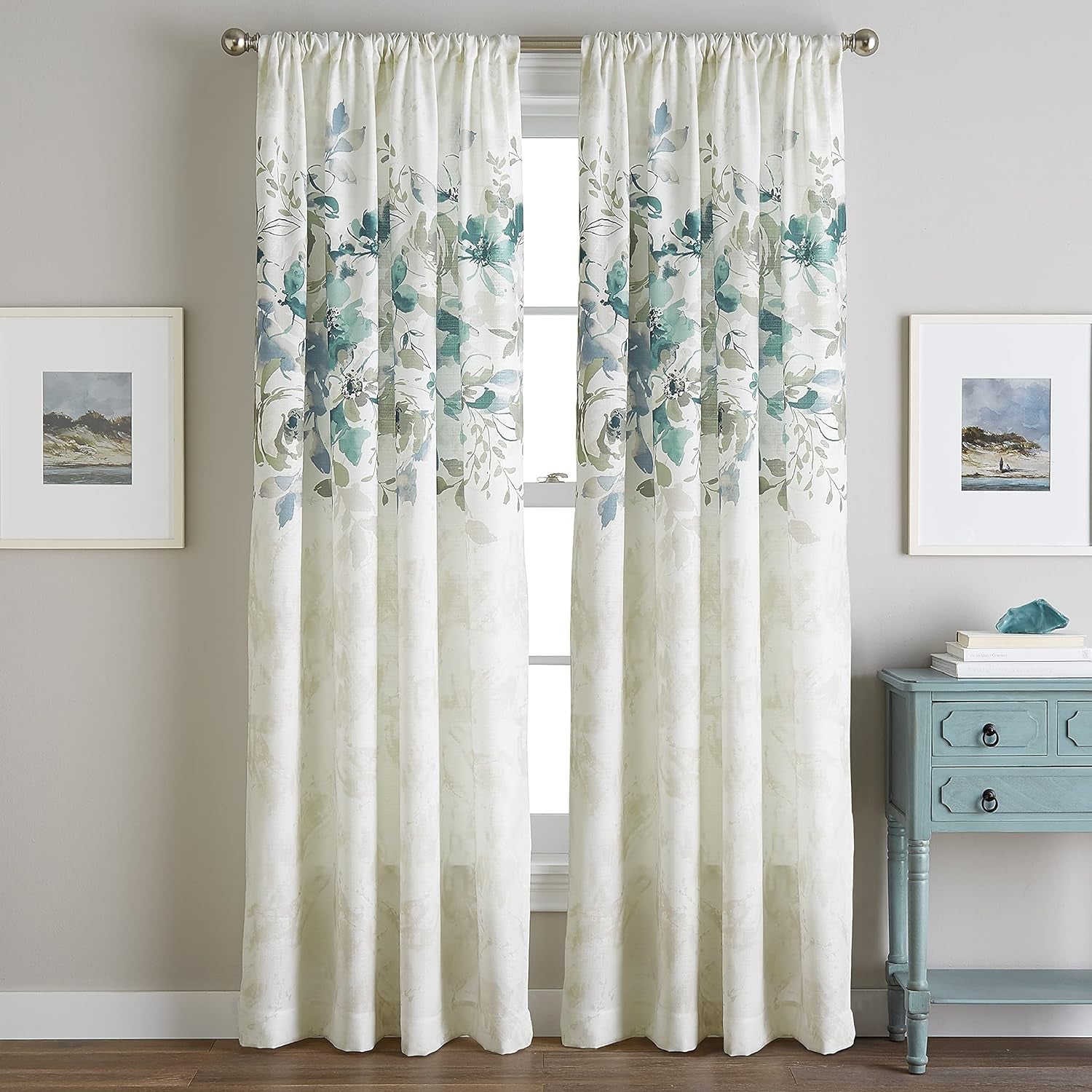 CHF Watercolor Floral Print Flip over Rod Pocket Single Curtain Panel, 84 In, Gold  CHF Industries Aqua 95 In 