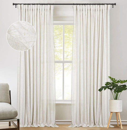 Zeerobee Beige White Linen Curtains for Living Room/Bedroom Linen Curtains 96 Inches Long 2 Panels Linen Drapes Farmhouse Pinch Pleated Curtains Light Filtering Privacy Curtains, W50 X L96  zeerobee 01 Beige White 50"W X 84"L 
