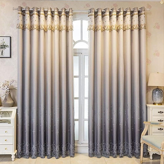 Amidoudou 1 Pair Modern Double Layer Curtains with Valance for Living Room Bedroom Luxury Gradient Embroidered Blackout Curtains (Grey,54X90 Inch)