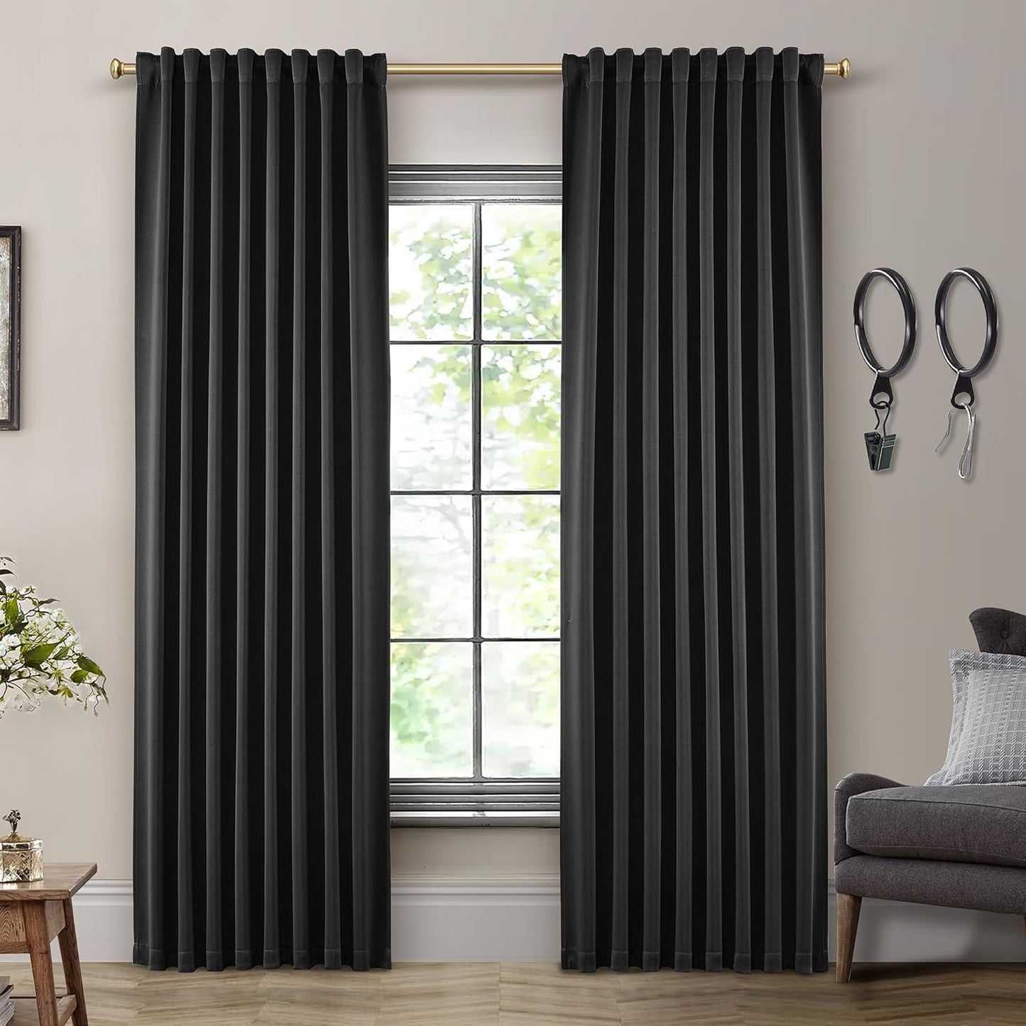 SHINELAND Beige Room Darkening Curtains 105 Inches Long for Living Room Bedroom,Cortinas Para Cuarto Bloqueador De Luz,Thermal Insulated Back Tab Pleat Blackout Curtains for Sunroom Patio Door Indoor  SHINELAND Black 2X(52"Wx96"L) 