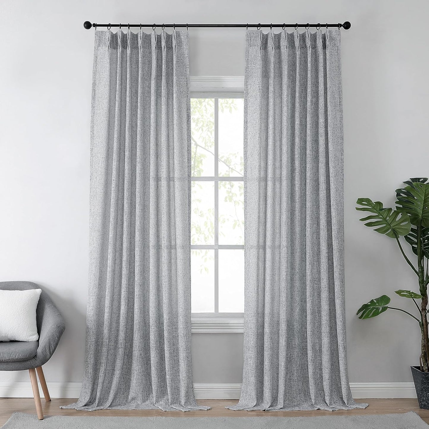 Central Park White Pinch Pleat Sheer Curtain 108 Inches Extra Long Textured Farmhouse Window Treatment Drapery Sets for Living Room Bedroom, 40"X108"X2  Central Park Dark Gray White/Pinch 40"X84"X2 