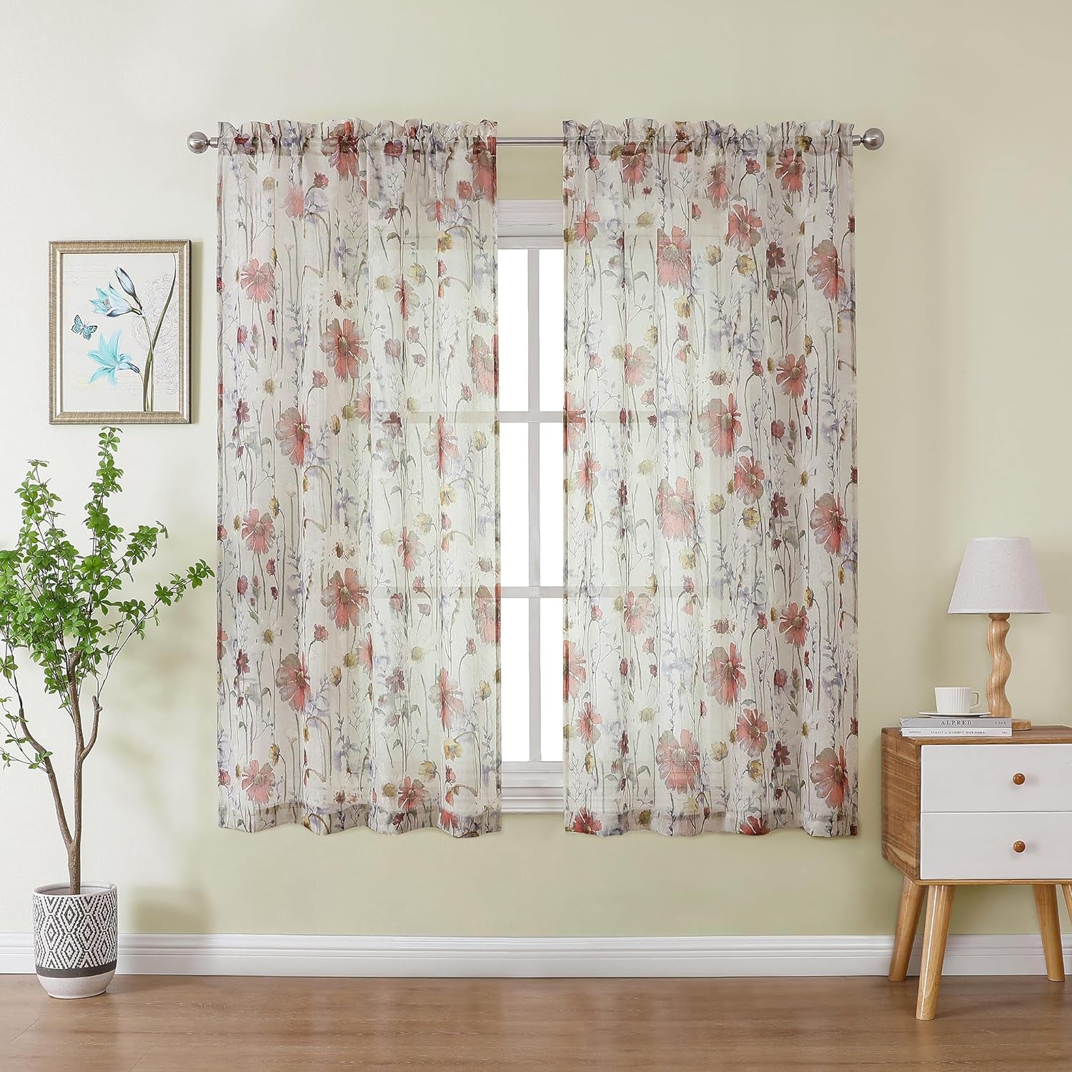 OWENIE Crushed Semi Sheer Curtains 72 Inches Length 2 Panels, Floral Pattern Design Rod Pocket Light Filtering Farmhouse Curtains for Bedroom Living Room, 2 Pieces Total 84 Inch Wide, 72 Inch Long  OWENIE Multi Color 42"Wx54"L | 2Pcs 