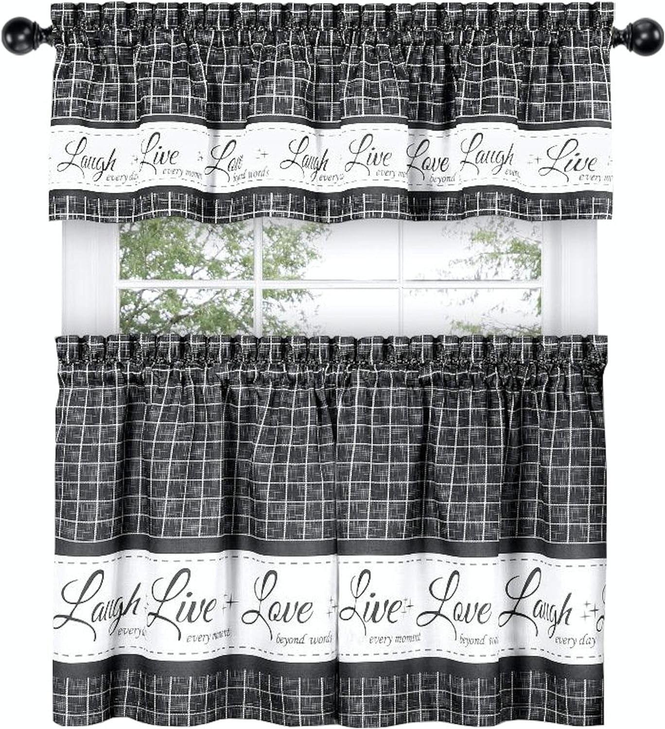 Goodgram Country Gingham Check Live~Laugh~Love 3 Pc. Café Plaid Kitchen Curtain Set - Assorted Colors & Sizes (Gray, 36 In. L)