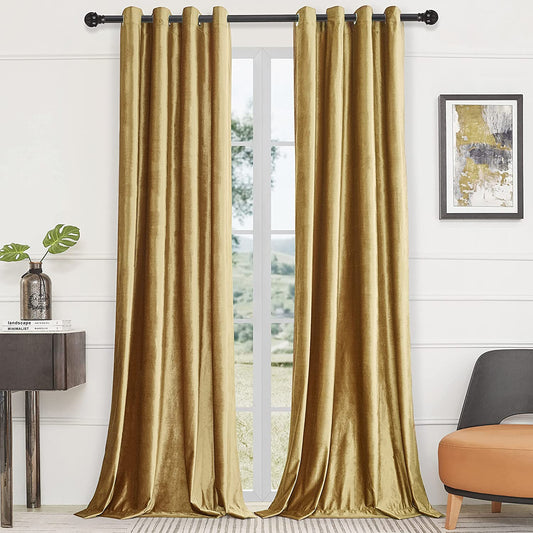 BULBUL Velvet Gold Curtains 84 Inch Length- Living Room Blackout Thermal Window Drapes Darkening Decor Grommet Curtains for Bedroom Set of 2 Panels  BULBUL Gold 52"W X 90"L 