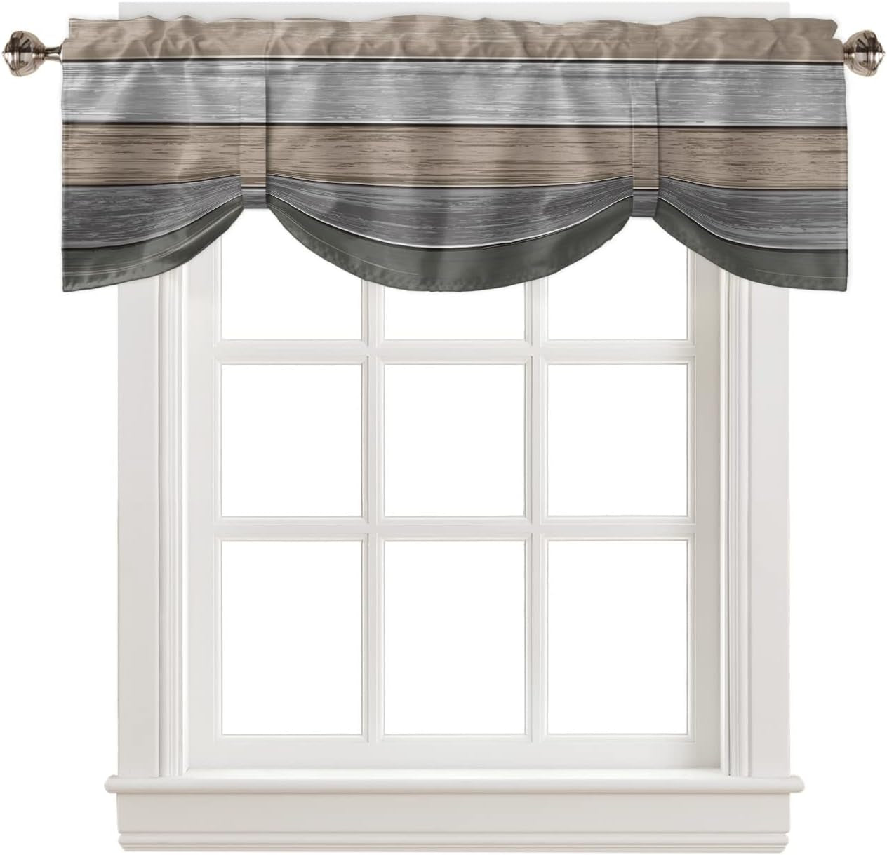 Brown and Gray Tie up Valance Curtains, Vintage Farmhouse Rustic Gradient Retro Wood Grain Window Valance for Kitchen Cafe Bathroom Rod Pocket Window Treatment Valances 54 X 18Inch, 1 Panel