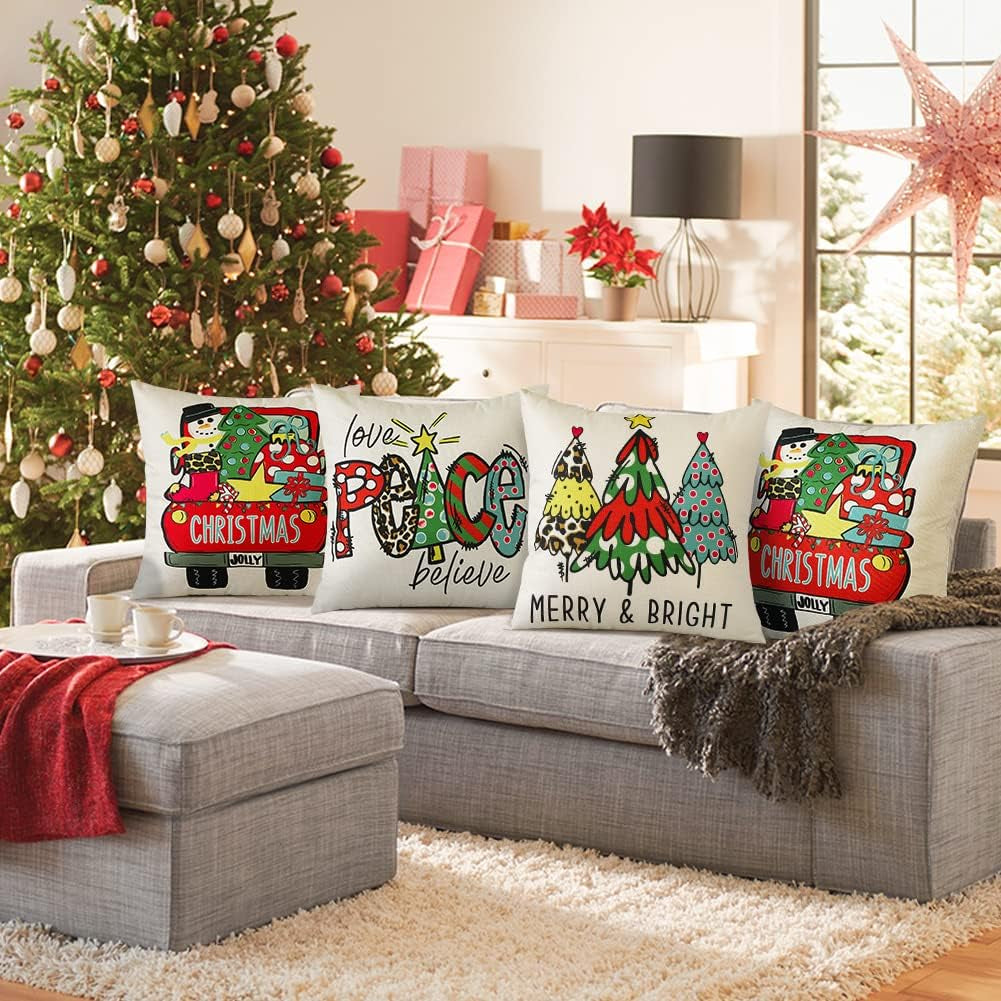 OTOSTAR Pillow Inserts 18X18 Inch with Christmas Pillow Covers 18X18 Inch Gnomes Truck Xmas Tree Pillow Case Farmhouse Throw Pillow for Couch Outdoor Bed Sofa Decor Pack of 4 (Merry Christmas Gnomes)