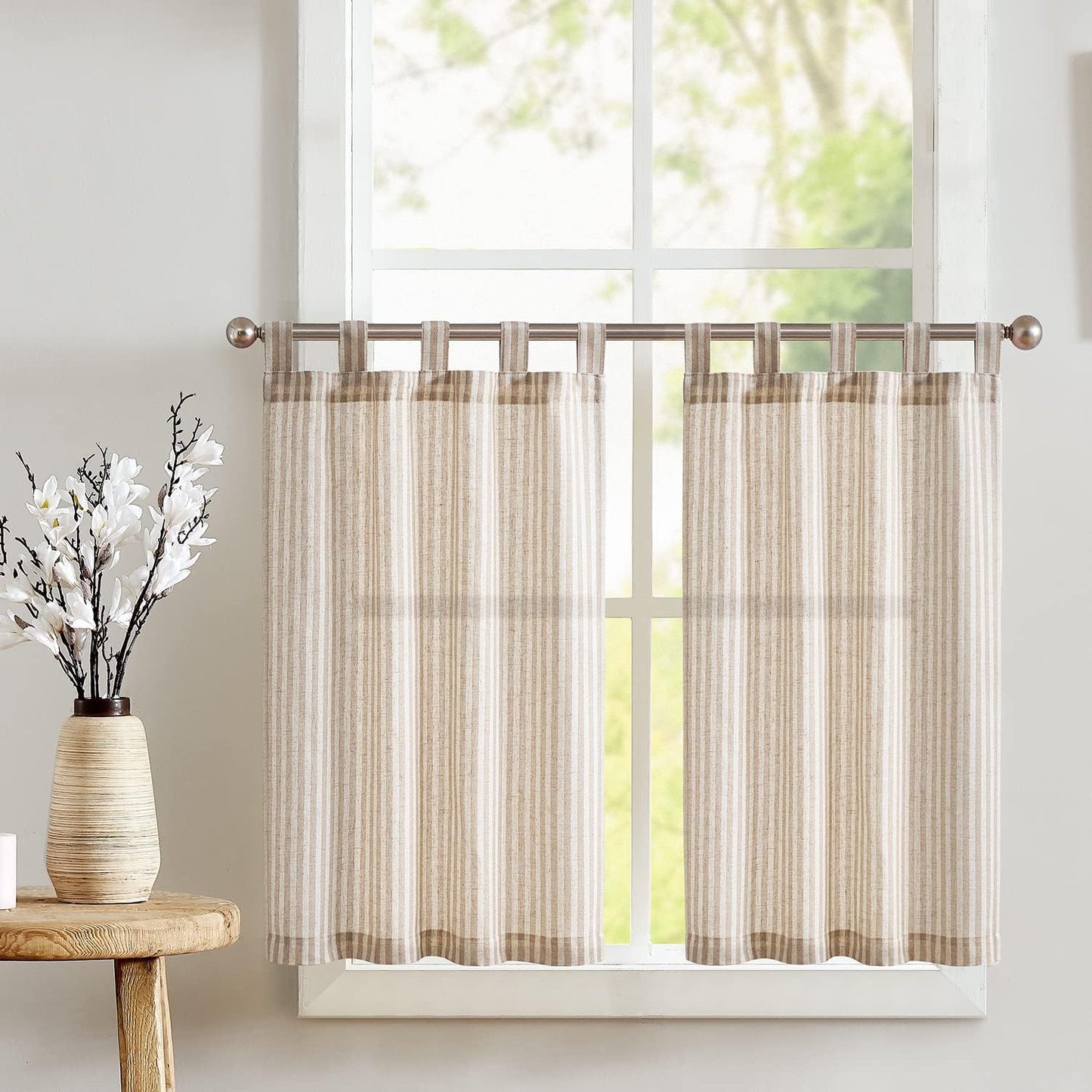 Jinchan Kitchen Curtains Striped Tier Curtains Ticking Stripe Linen Curtains Pinstripe Cafe Curtains 24 Inch Length for Living Room Bathroom Farmhouse Curtains Rod Pocket 2 Panels Black on Beige  CKNY HOME FASHION Tab Top Striped Tan W26 X L24 