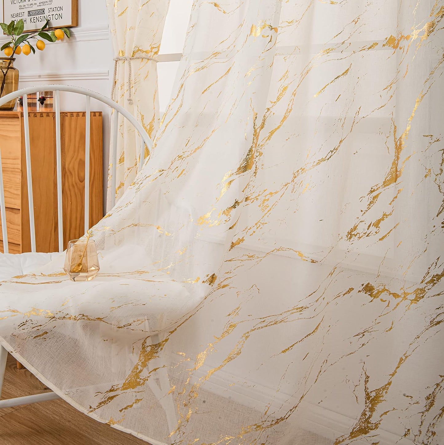 Sutuo Home Marble White Sheer Curtains 84 Inch Length, Gold Foil Print Metallic Bronzing, Privacy Window Treatment Decor Abstract Drape Pair 2 Panels Set for Bedroom Kitchen Living Room 52" W X 84" L  Sutuo Home Gold And Ivory 52" W X 96" L, 2 Panels 