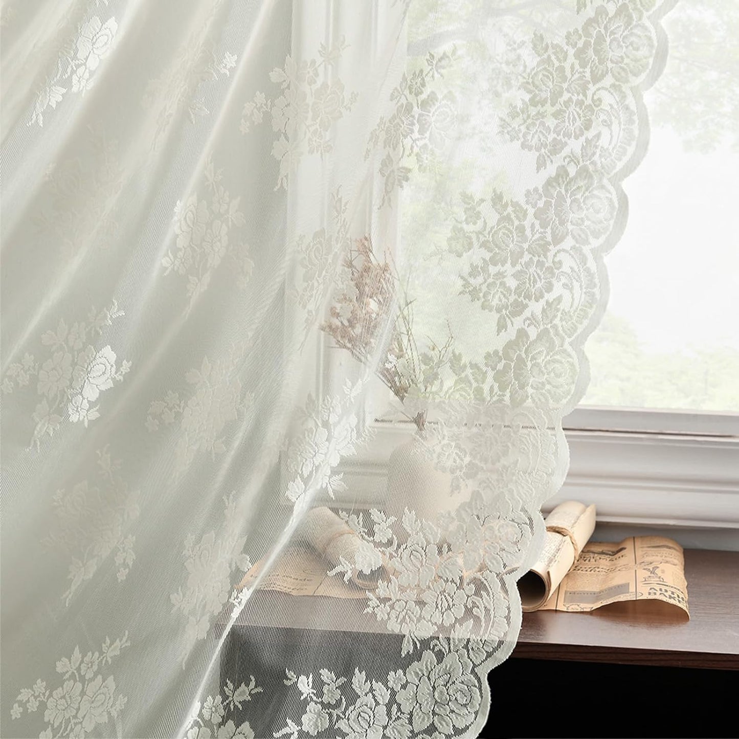 Kotile Sage Green Sheer Valance Curtain for Windows, Rustic Floral Spring Sheer Window Valance Curtain 18 Inch Length, Light Filtering Rod Pocket Lace Valance, 52 X 18 Inch, 1 Panel, Sage Green  Kotile Textile Ivory 52 In X 72 In (W X L) 